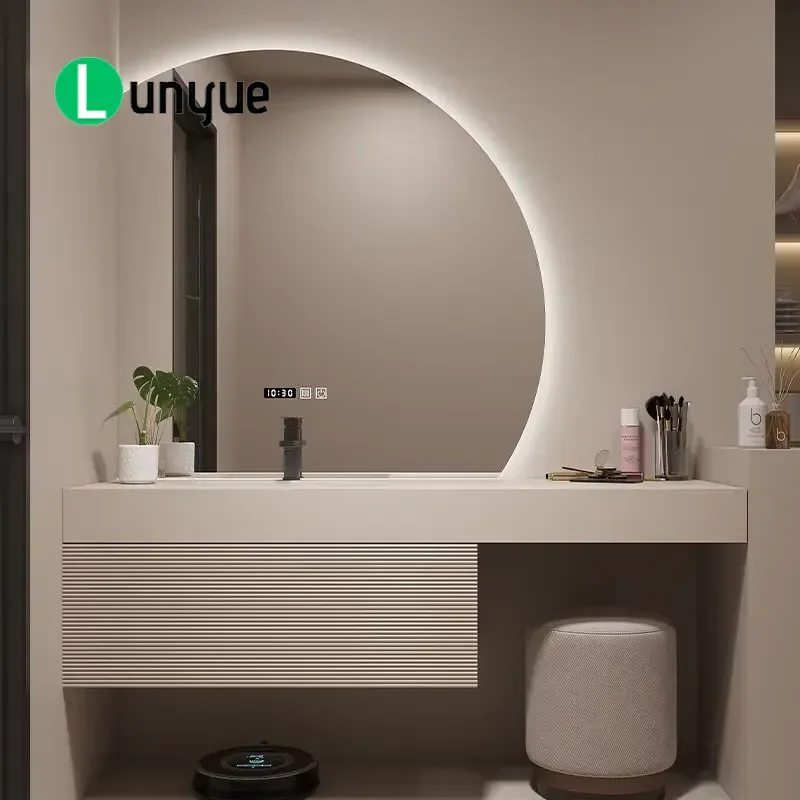 Modern Oak Wall Mounted Bathroom Vanity Cabinet with Integrated Rock Slab Sink Washbasin Storage Drawer Unit for Home