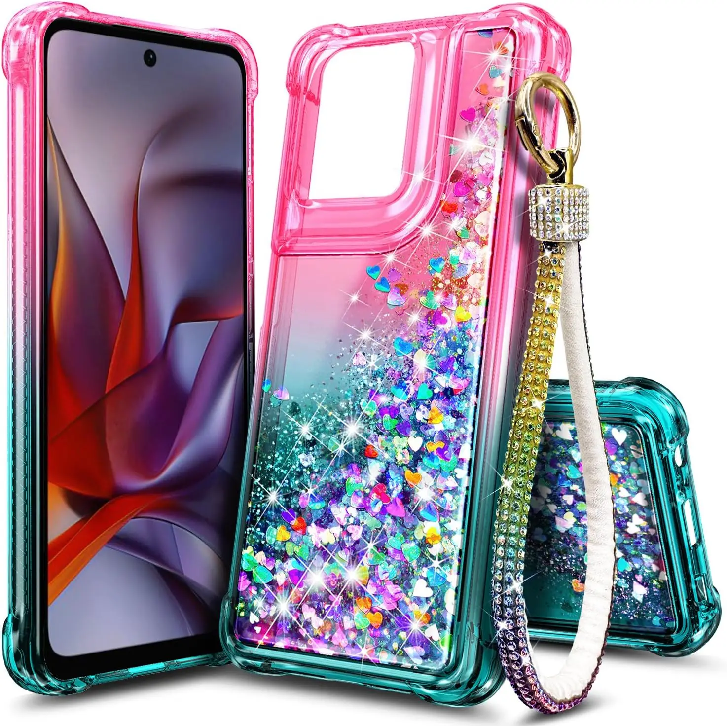 

Sparkling Liquid Glitter Phone Case with Wrist Strap for Motorola Models - Pink/Aqua