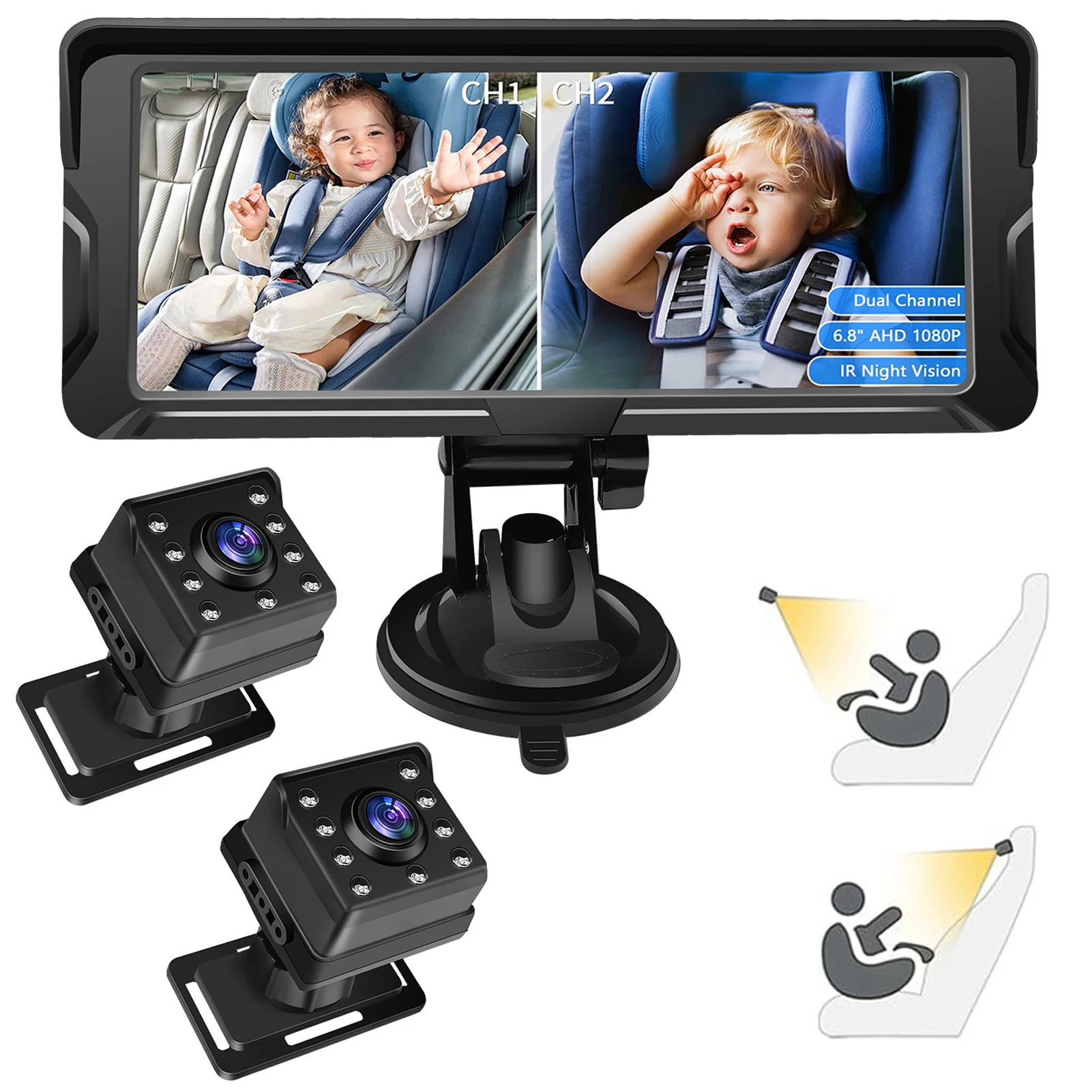 

Baby Car Camera Dual Channel 6.8 inch 1080P Baby Monitor with IR Night Camera and 150° Wide View for Rear Facing