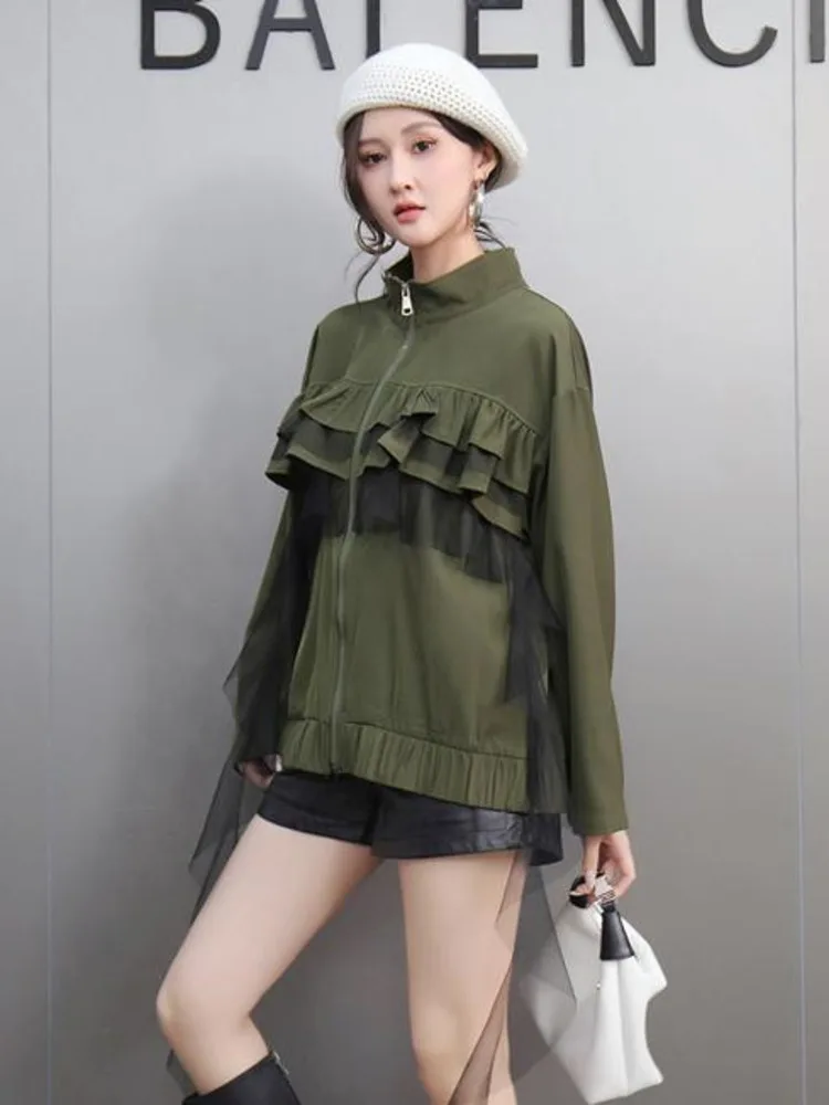 SHENGPALAE Casual Style Jacket For Women Versatile Stand Collar Long Sleeves Solid Color Spliced Zippers Coats 2025 Spring 5G616