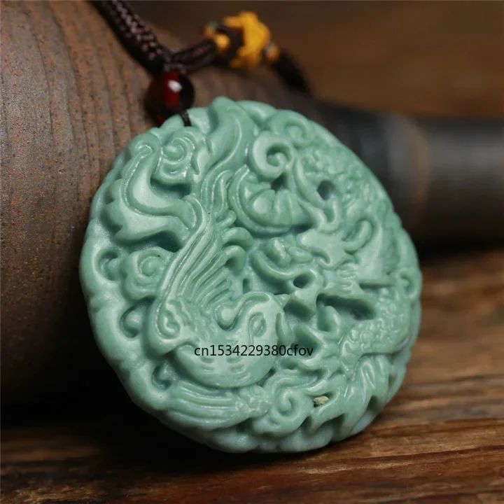 Chinese Lantian Jade Green Dragon Phoenix Pendant Necklace Jewellery Fashion Lucky Amulet Luck Gifts Women Man Sweater Chain