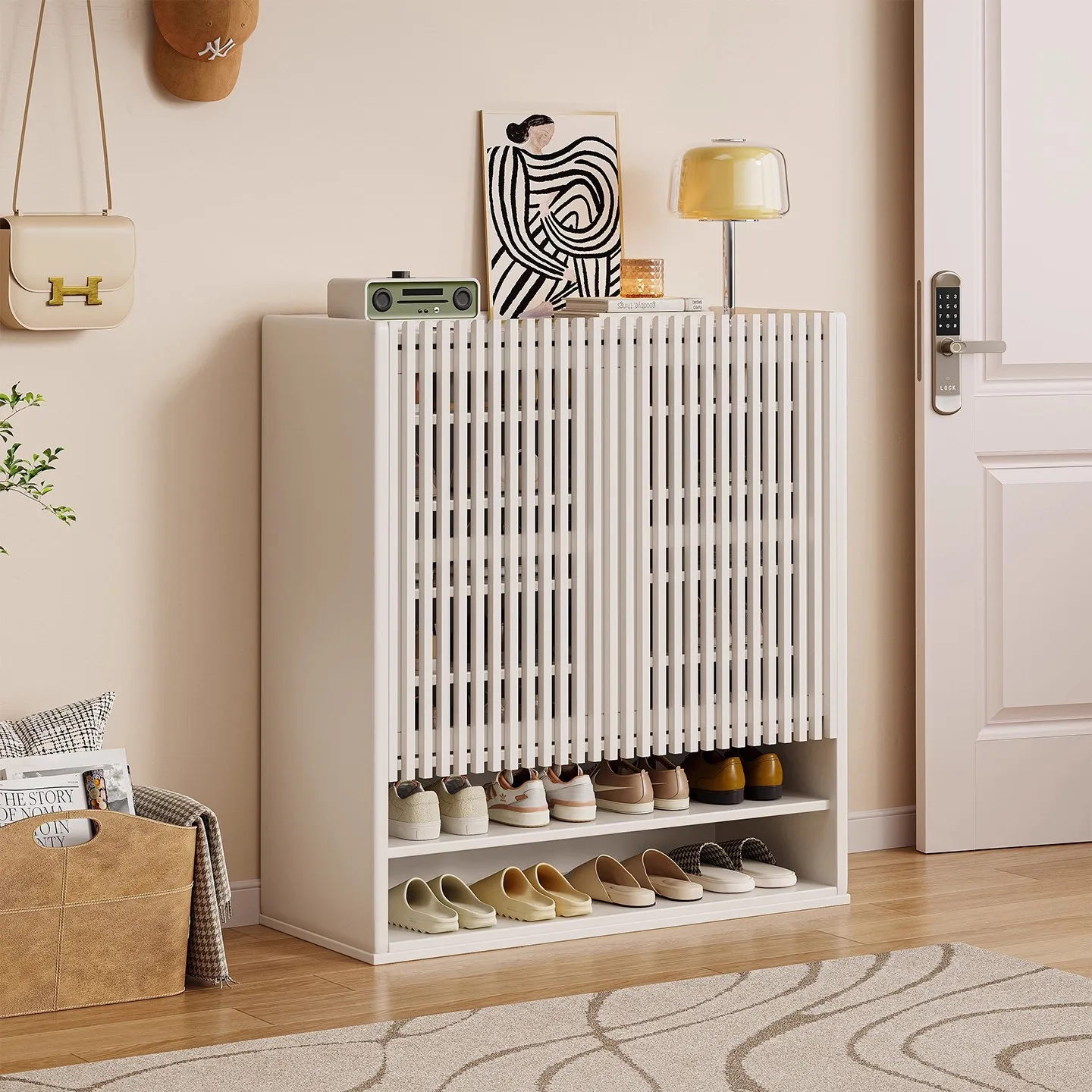 خزانة أحذية من الخشب الصلب، خزانة تخزين بباب منزلي مدمجة على الحائط، باب المدخل، ممر خزانة المدخل