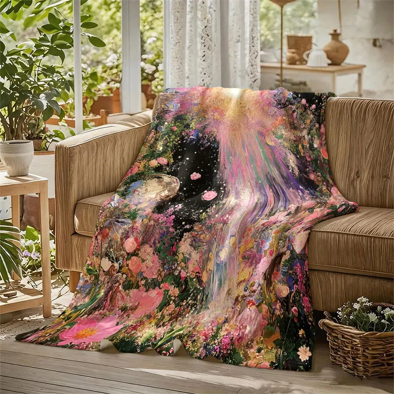 Floral Rainbow Burst Pink Flannel Blanket Perfect for Sofa Office Bed Travel Sleep Read Relax Camping Four Season Use