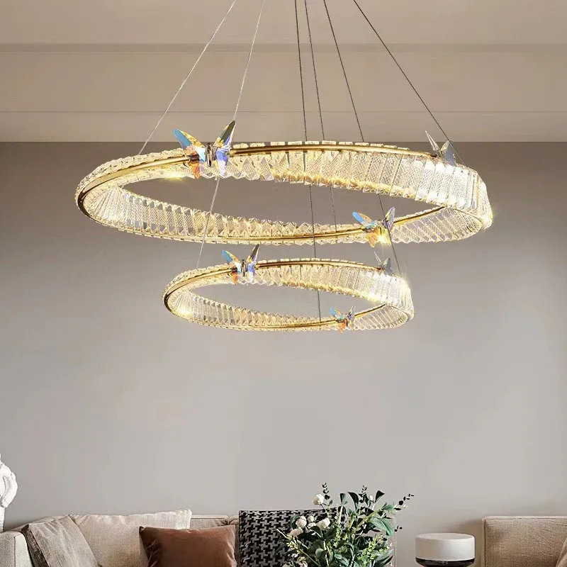 

Light luxury French living room, modern simple atmosphere, ring lighting, dining room lamp, crystal chandelier