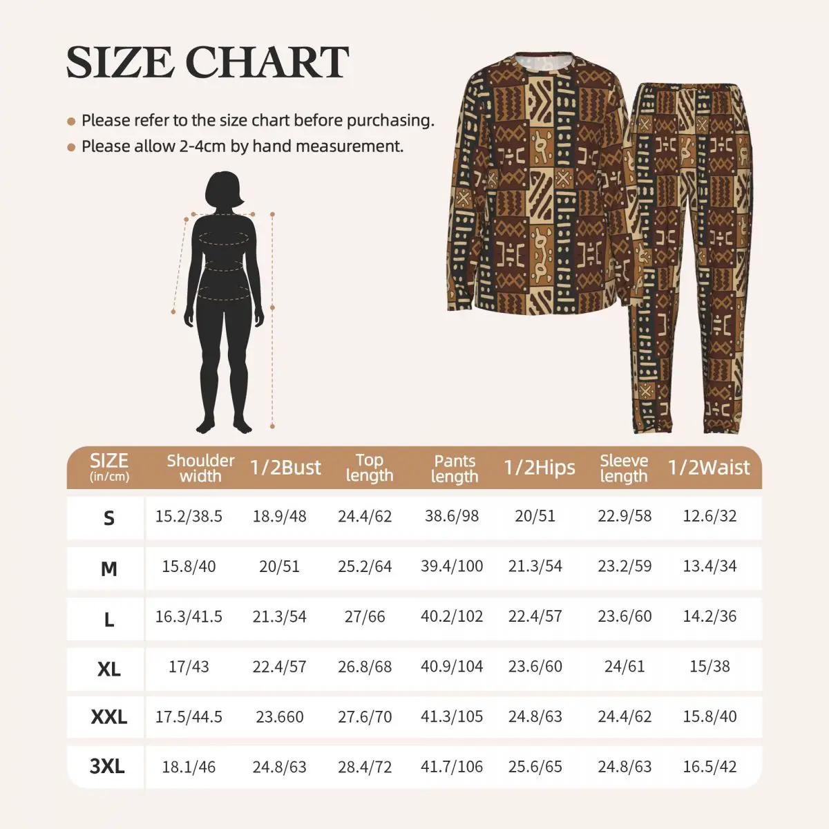 African Bogolan Mud Cloth Round Neck Long Sleeves Nightdress for Sleeping Sleepshirts Women Soft Pajama Set Long Pants