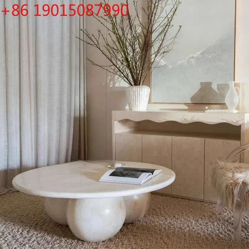 

Кофейный столик из натурального мрамора, дизайнерский, для гостиной, круглый, в стиле лёгкой роскоши.