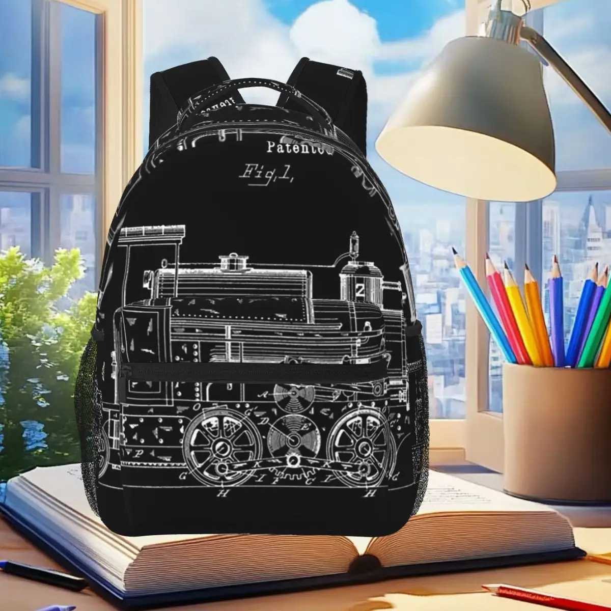 

Steam Locomotive Blueprint Designed Backpack Student Boys Girls BookBag Children School Bag Computer Shoulder Bags for Men Women