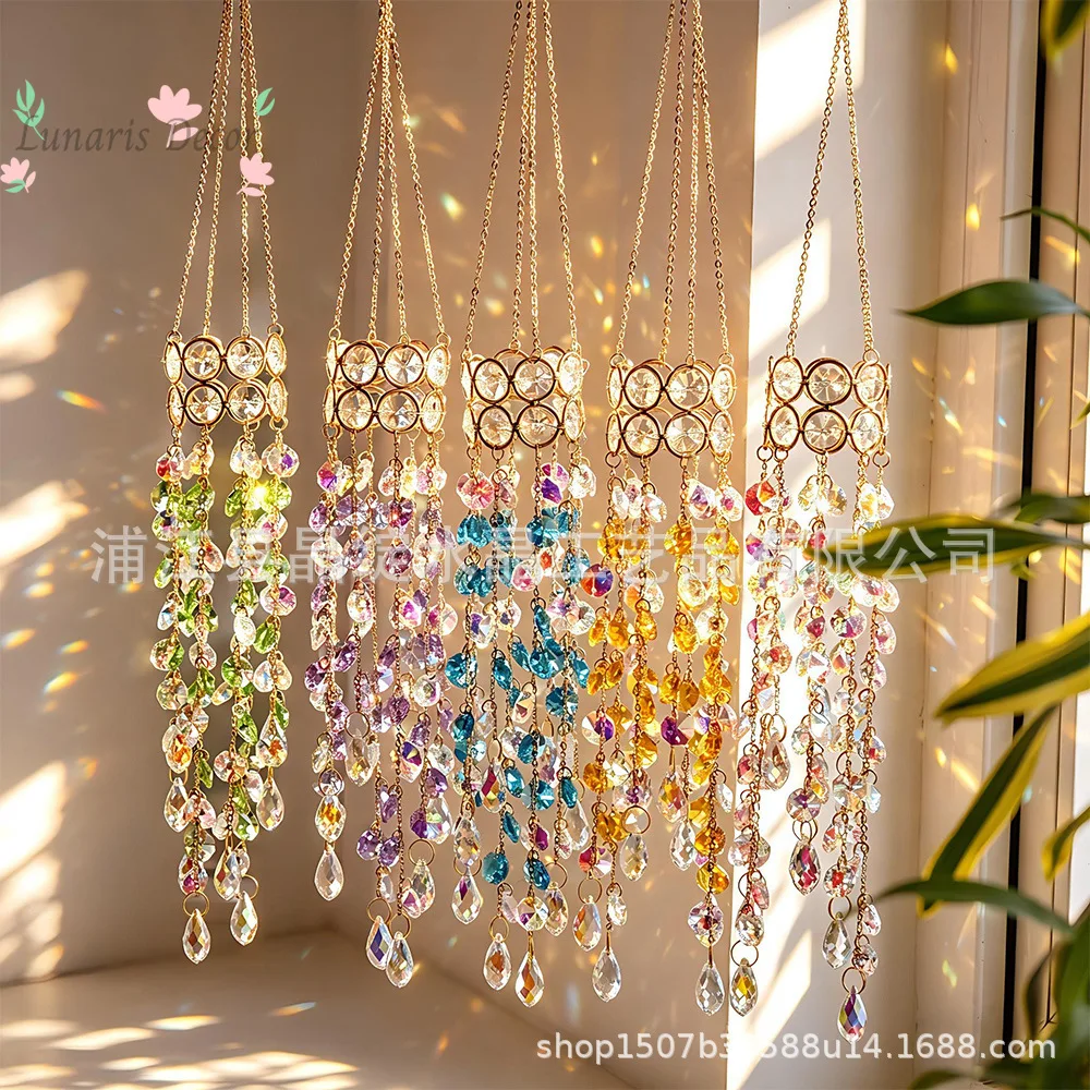 Double-layer gold ring crystal wind chime - light and shadow hanging ornament - home decor imitation willow branch sun catcher