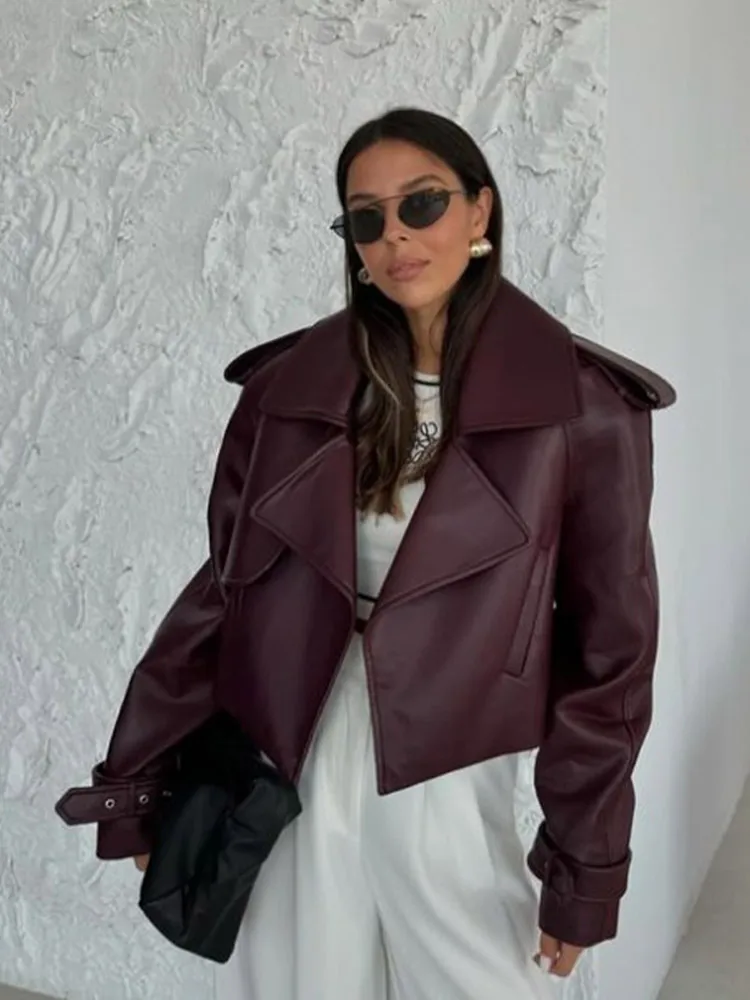 Vintage Burgundy Pu Leather Short Jacket For Women Fashion Turn-down Collar Pocket Loose Coats Autumn New High Street Outwear