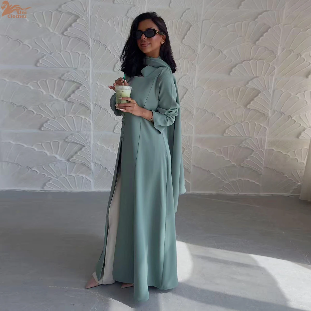 

Uni Muslim Women Arabic Dubai Abaya Solid Cardigan Long Dress With Hijab Two-Piece Set Modest Kaftan Robe Femme Islam Clothing