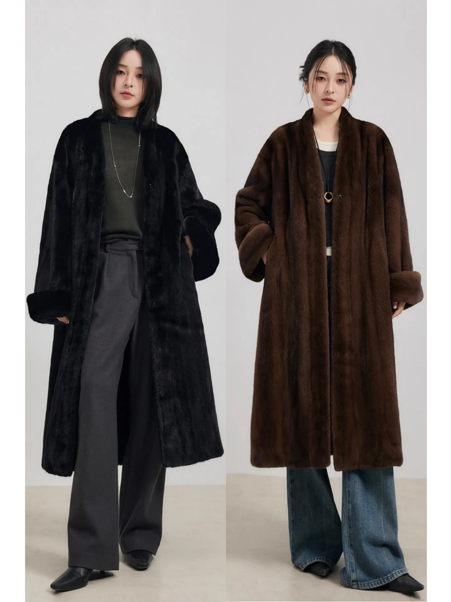 

Lautaro Winter Long Luxury Elegant Thick Warm Fluffy Soft Brown Faux Mink Fur Coat Women with V Neck Loose Black Furry Overcoat