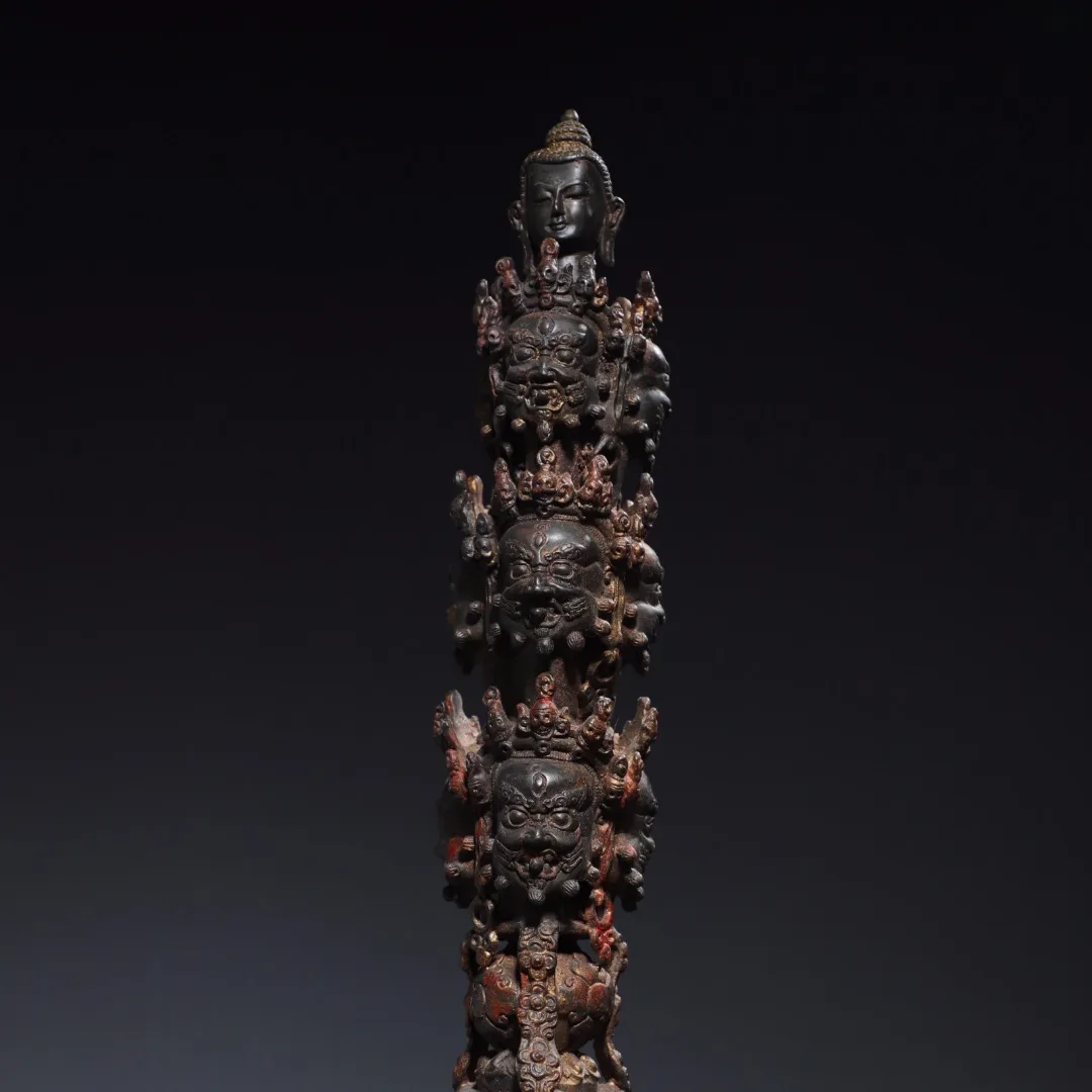 

24"Tibetan Temple Collection Old Bronze Cinnabar Mud gold Skull Buddha Nine Mahakal Vajra Phurpa Worship Hall Town house