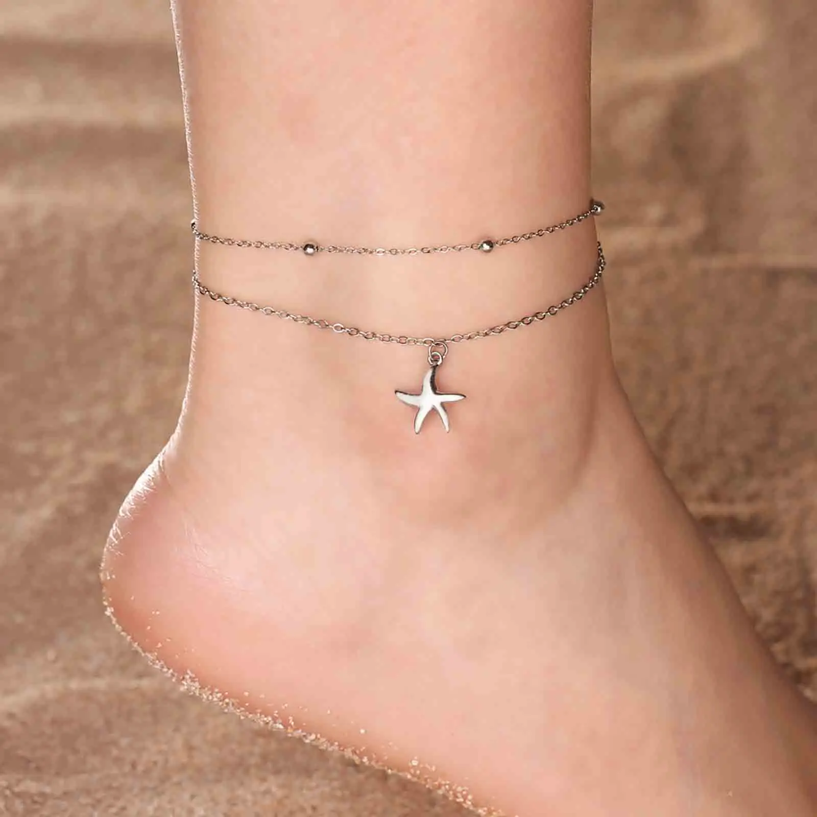 Skyrim Starfish Charm Anklet Stainless Steel Women's Double Layer Beads Chain Leg Bracelets Bohemian Beach Foot Jewelry Gift