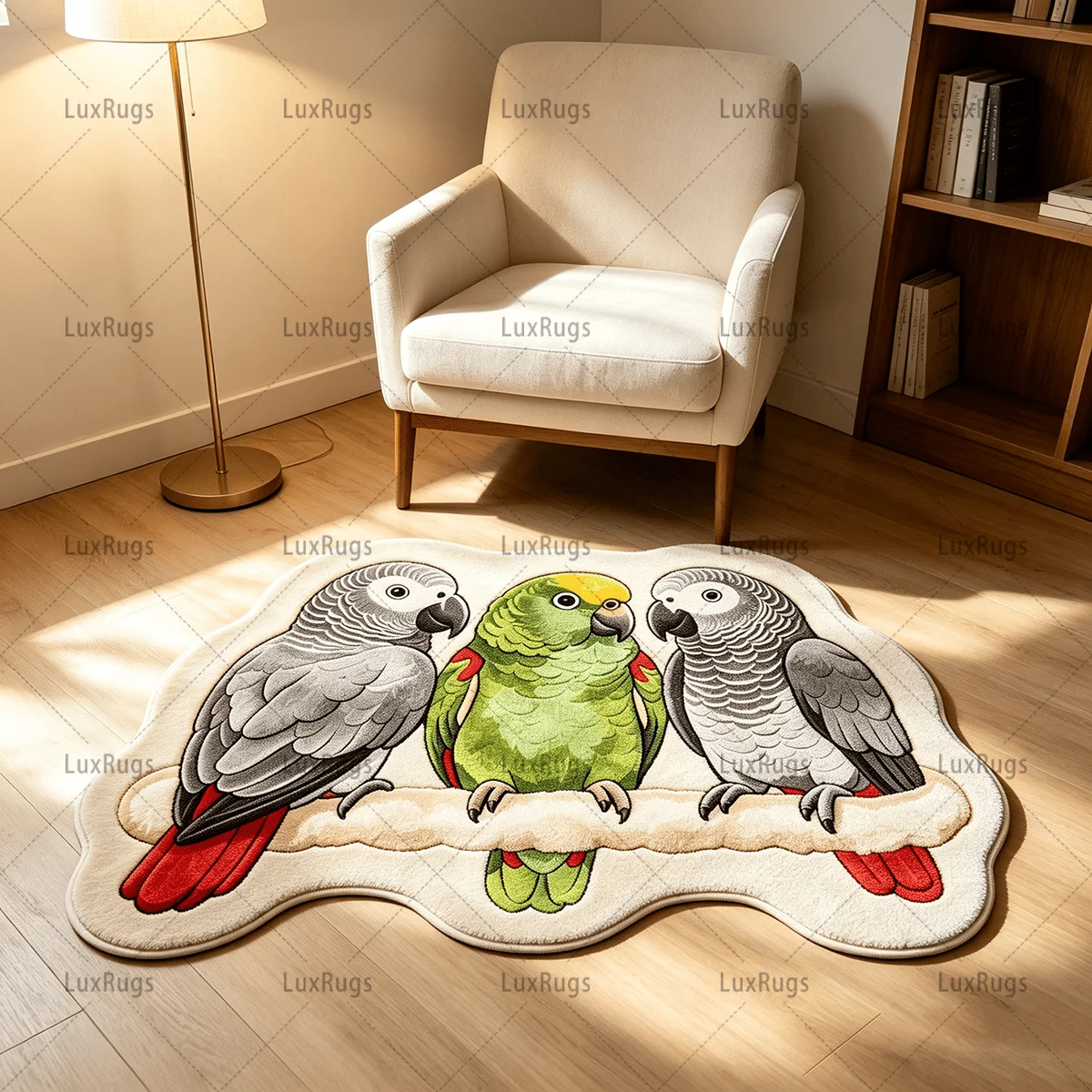 VIKAMA Three Parrots Irregular Rug Grey African Grey Parrot Green Parrot Branch Pattern Non Slip Living Room Decor Floor Mat