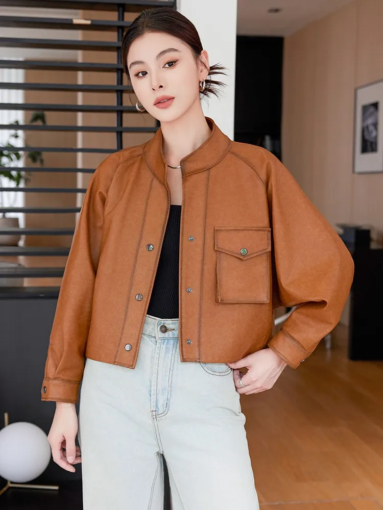 Women Natural Sheepskin Stand Collar Short Jacket Single Breasted Brown Batwing Sleeve Genuine Leather Coat Motorcycle Jackets