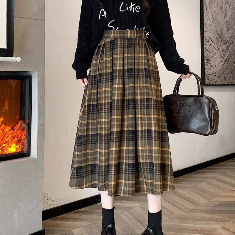 Vintage Plaid Falten röcke Frauen koreanische hohe Taille elegante lässige Midi Röcke weibliche Harajuku adrette All-Match eine Linie Röcke