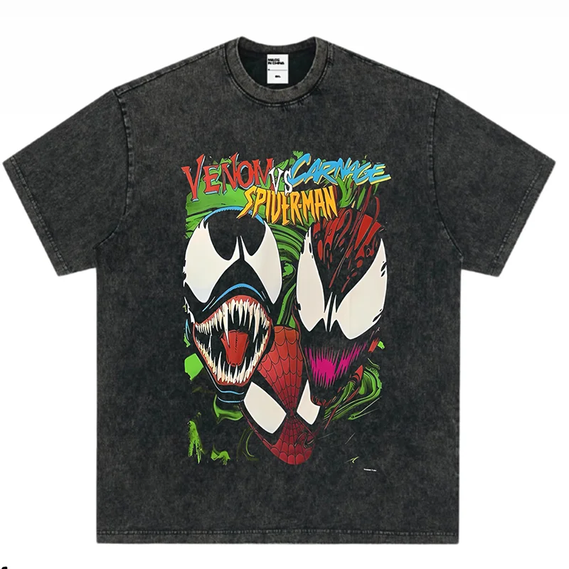 Marvel Spider-Man Wolverine Print vintage washed short sleeve top men's cotton casual T-shirt y2k men's and women's half sleeve