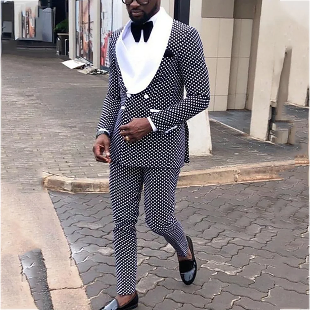 

White Dot Men Suit High Quality Elegant Wedding Set Shawl Lapel Double Breasted Banquet Blazer Pants Tailored-Made Outfit