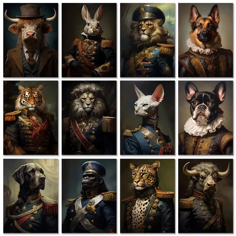 Vintage Animal Head Human Body Canvas Painting And Prints Cat Dog Lion Cow Tiger Rabbit Court Style Posters Wall Art Home Decor