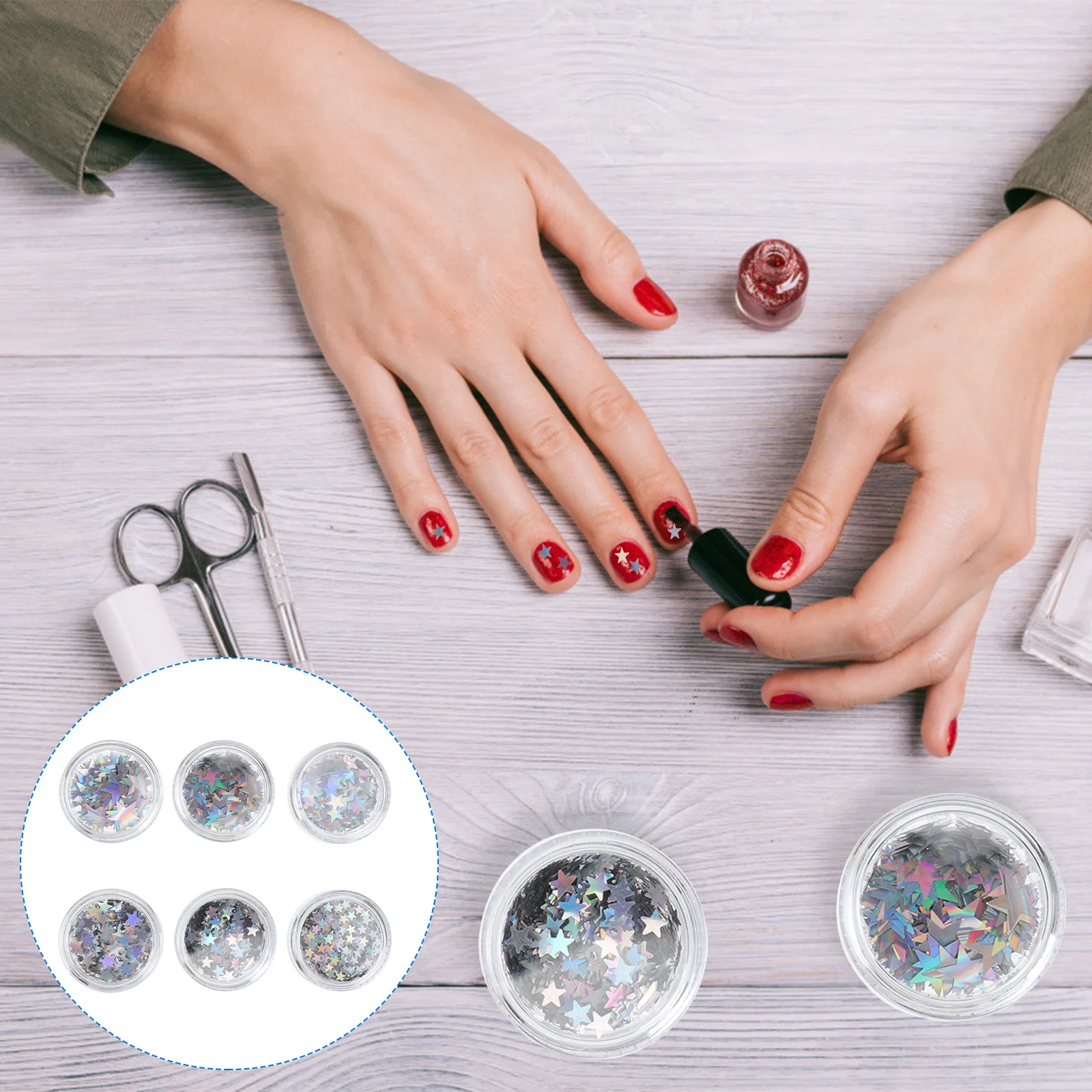 6 Boxen bunte sternglänzende Stücke für Nageldekoration, Maniküre, glänzende Stücke, silbernes Rautenmuster, lustiges handgefertigtes Handwerk