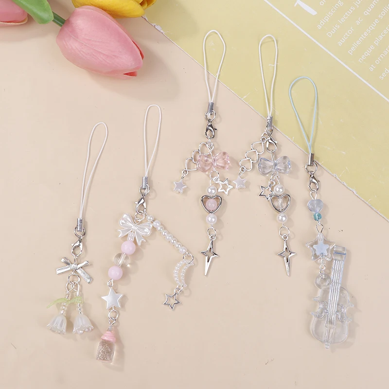 Creative Handmade Beaded Delicate Cell Phone Pendant Hanging Chain Sweet Y2K Phone Case Headset Backpack Accessories Gift
