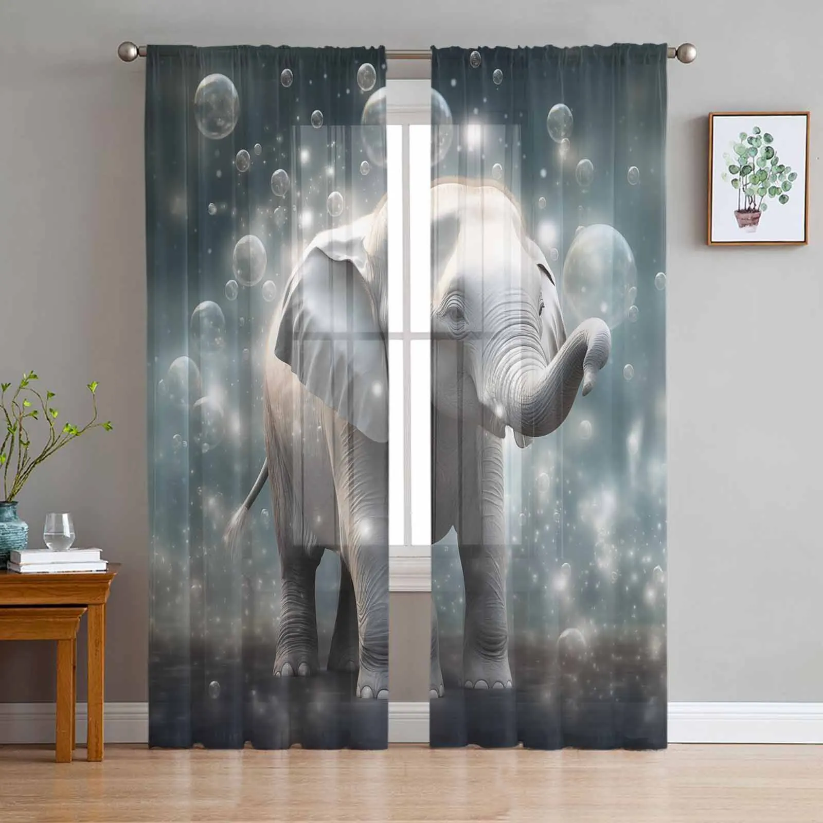 Animal Illustration Elephant Fantasy Curtain For Living Room Bedroom Kitchen Window Tulle Curtains Home Essentials