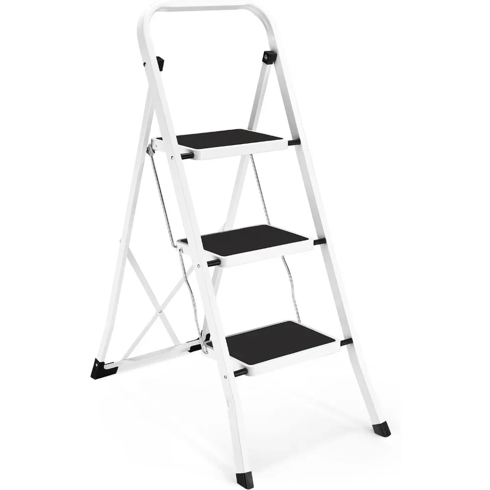 3 Step Ladder, Lightweight Folding Step Stools for Adults with Anti-Slip Pedal, Portable Sturdy Steel Ladder with Handrails