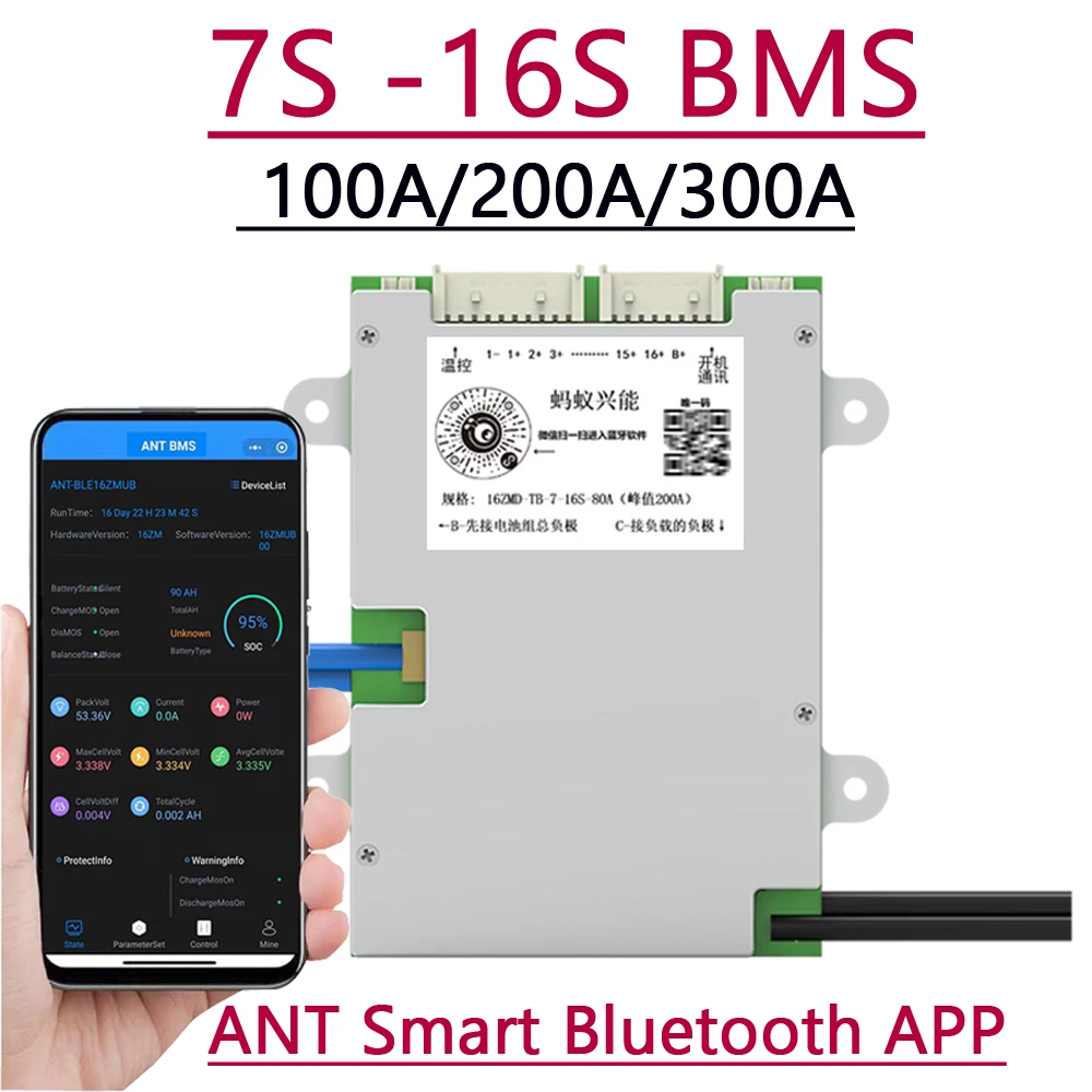 Bateria de Lítio para Placa de Proteção do Veículo Elétrico Bluetooth 7s16s 100a 200a 300a 8s 13s 14s 24v 36v 48v 60v