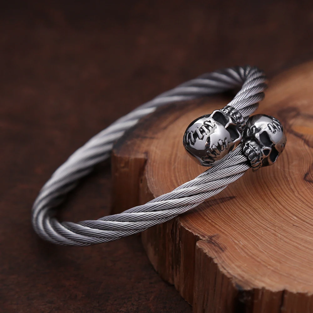Punk Vintage 316L Stainless Steel Skull Head Bracelet For Men Fashion Biker Twist Rope Bracelets Party Amulet Jewelry Wholesale