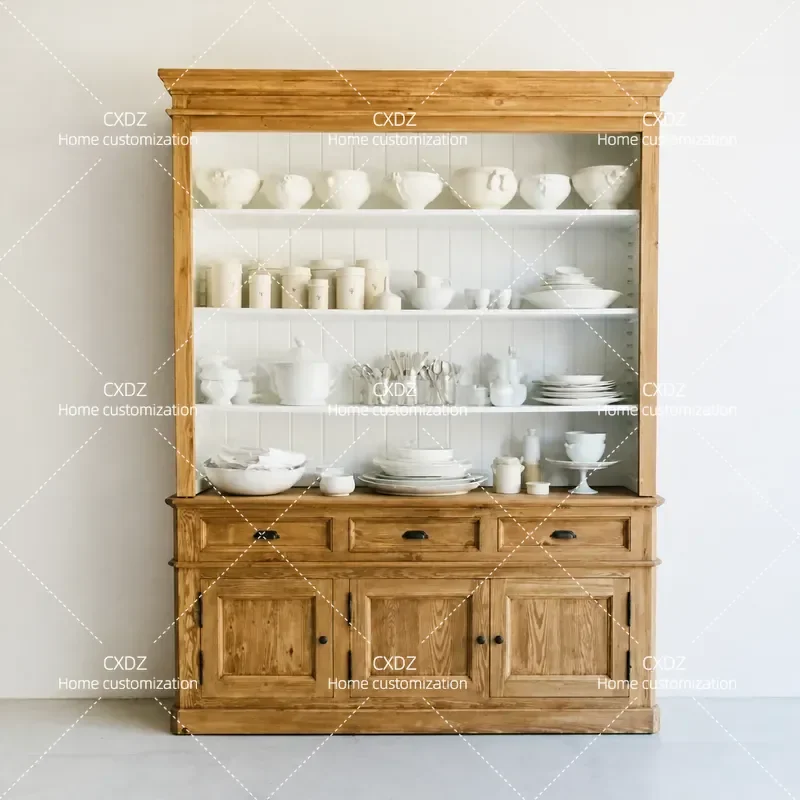 Solid Wood Open Side Cabinet Dining Room Storage Display Cupboard Living Room Tea Cabinet Vintage Style Home Furniture