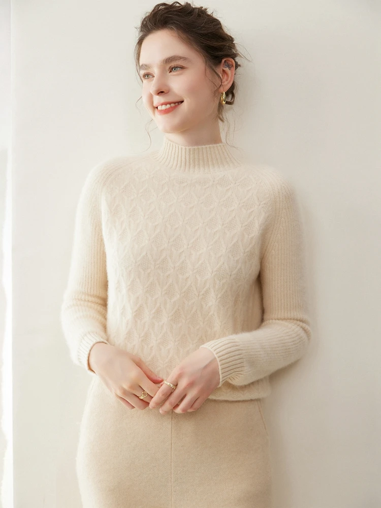 Thick Cable Stitch Autumn Winter Mock Neck Women's Soft Warm Long Sleeves Pullover Sweater 100% Cashmere Knitted Clothing Tops