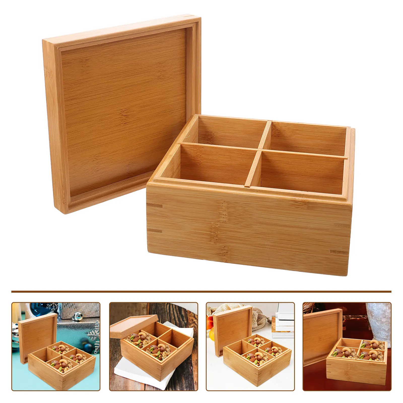 Bamboo Dry Fruit Tray Four Compartments Cover Household Snack Accessory Moisture Proof Insect Proof Pantry Organizer Desktop