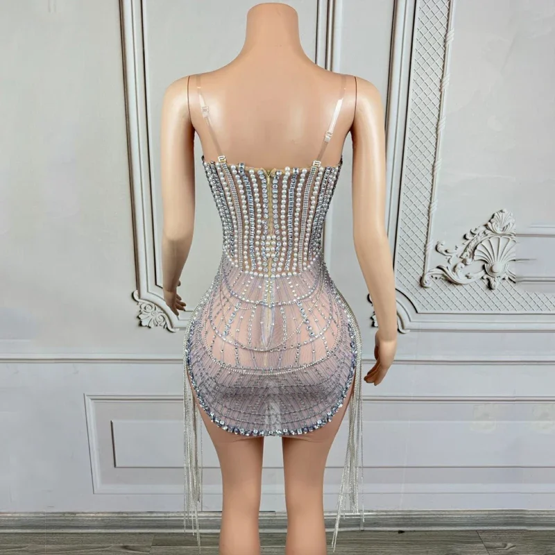 럭셔리 진주 파티 드레스 라인스톤 드레스 여성 가수 고고 의상 재즈 의류 무대 의상 갈라 의상