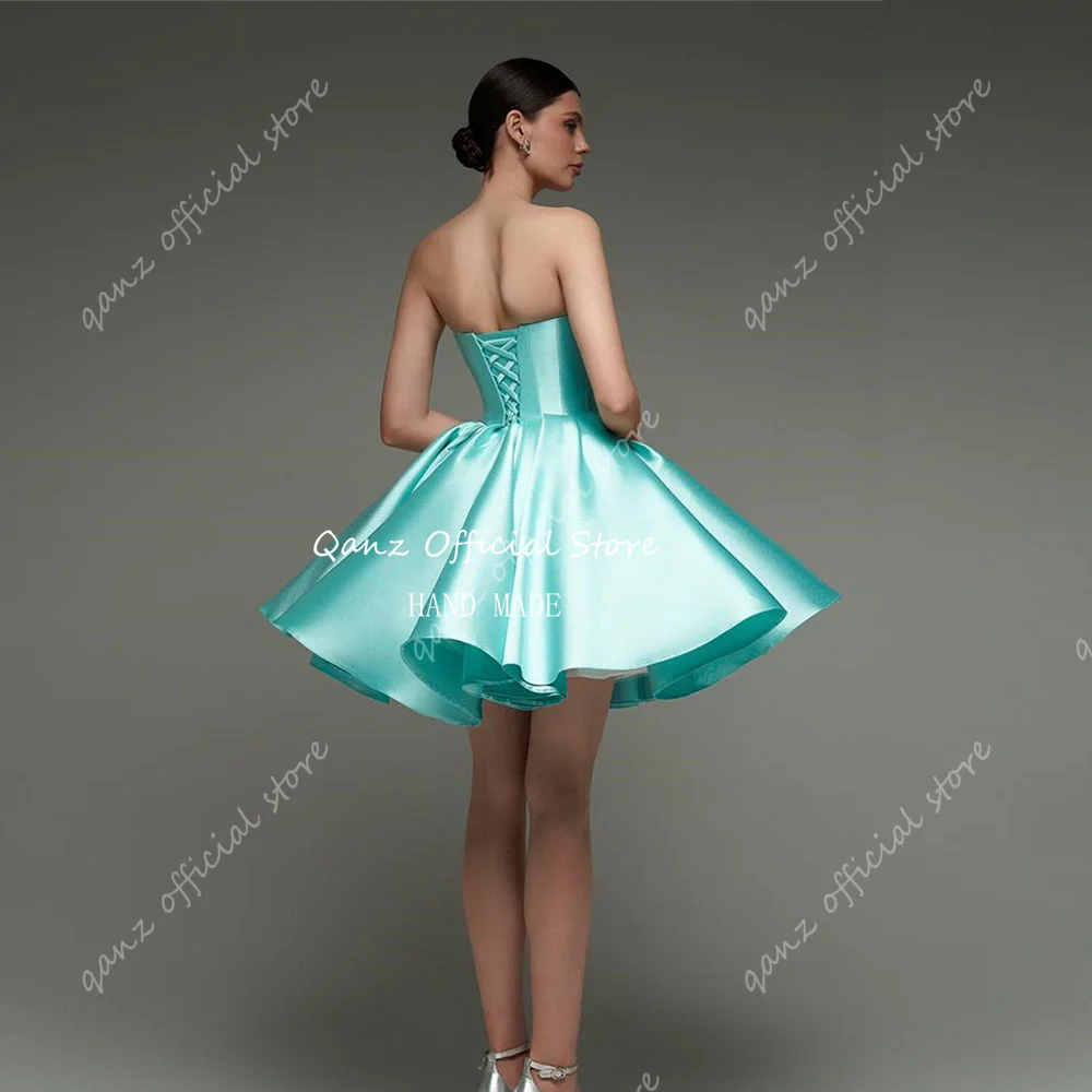 Qanz Strapless Blue Vestidos De Gala Graduación Above Knee Satin Graduation Dress A Line Satin Homecoming Dresses Customized