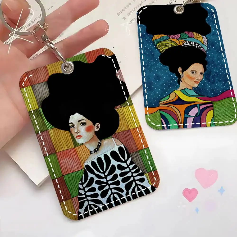 Vintage Abstract Girl Hair Flower Women Card Case Keychain Access Card Bag Key Tag Ring Leather Card Holder Key Ring Access