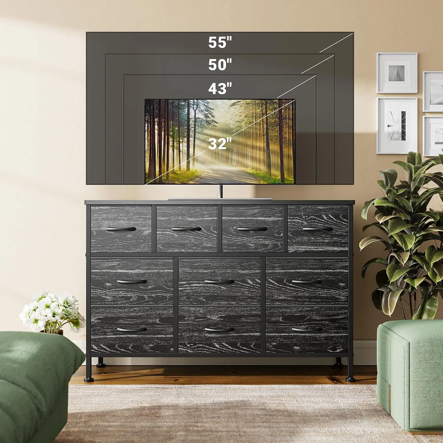 10-Drawer Dresser with 2 AC Outlets & 2 USB Ports, FSC-Certified Wood TV Stand for Up to 50-inch TVs, Bedroom Storage Chest