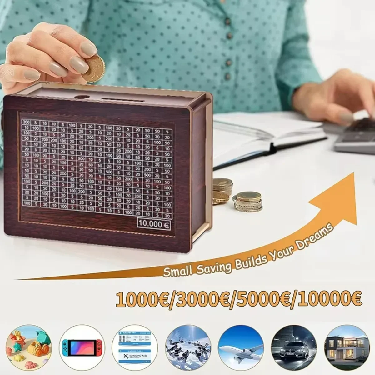 Money Box with Counter for Savings Goal with1000/5000/10000 Euro Saving Target Wooden Retro Money Bank Household items