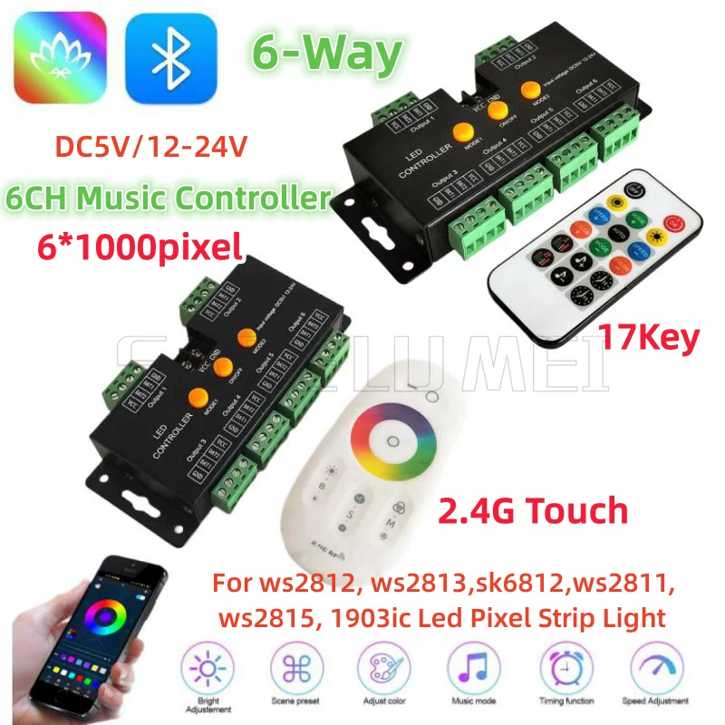 

DC5V/12-24V LED RGB IC Dreamcolor 2.4G Touch 17key APP 6-канальный контроллер WS2812B SK6812 WS2811 WS2815 Pixel Strip Music Controller