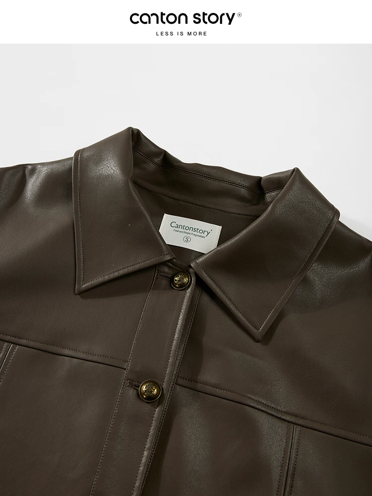 Slimming Effect Vintage Collar Brown Leather Jaet ort Outerwear Women's Autumn Faionable Button up Casual Top