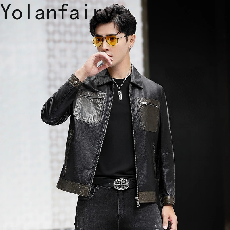 YOLANFAIRY Real Cow Leather Jacket Motocycle Trend Coat Black Autumn Mens Clothes Casual Short Jackets Top 2024 Косуха Мужская