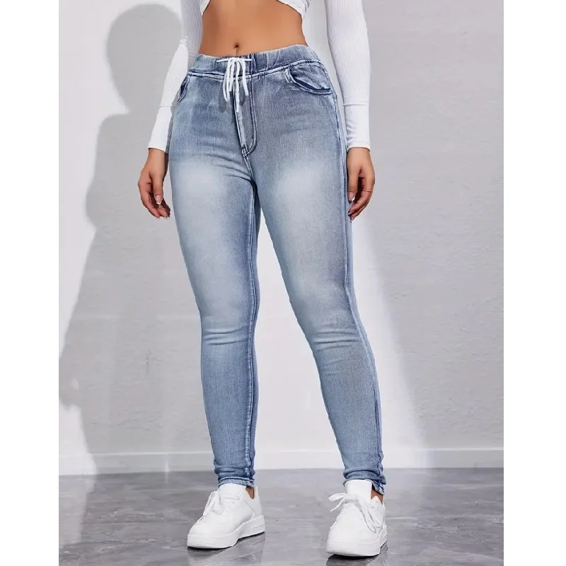 ﻿ Women Denim Jeans Drawstring Waist Pencil Pants Ladies Full Length Skinny Pantalones de mujer ﻿