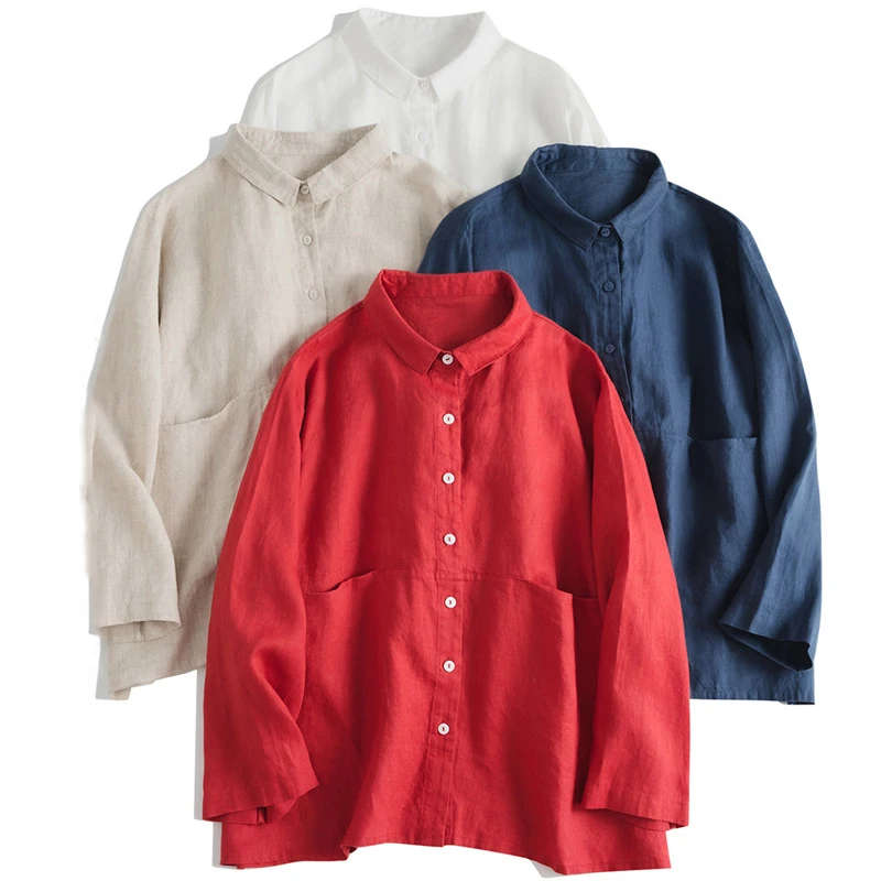 

Свободный крой, из чистого льна, повседневная рубашка, простой художественный дизайн, удлиненный рукав (9/10), женский топ с карманами, на пуговицах, открытый кардиган