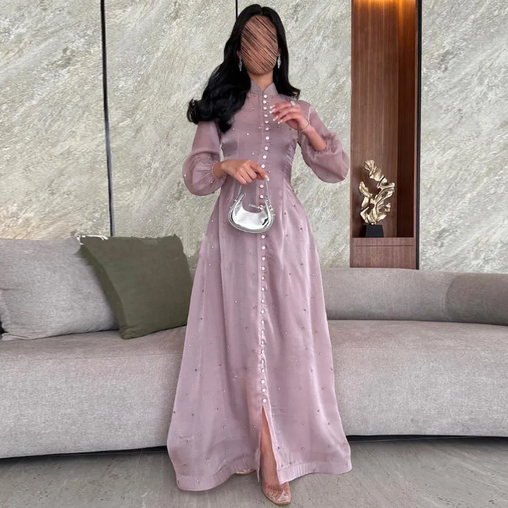

Customized Crystal A Line Evening Dresses Front Button Oranga Jacket Prom Gown High Neck Long Sleeve Dubai Wedding Guest Dress