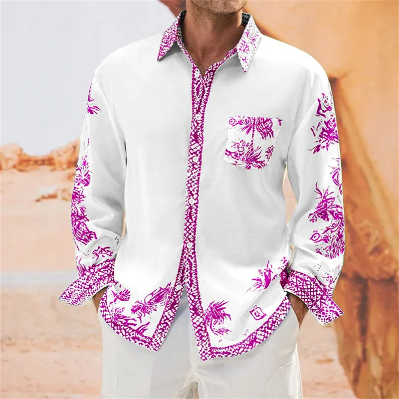 Men\'s top shirt pocket lapel long sleeve buttons casual street party comfortable soft material floral HD pattern blue pink red