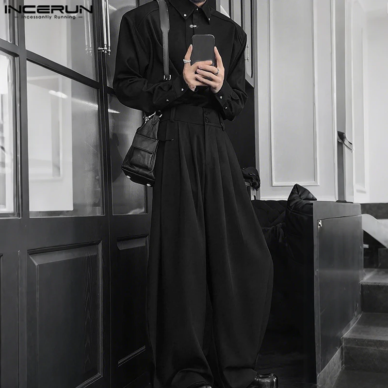 

INCERUN Мужские комплекты Сплошной цвет Корейский стиль Свободная рубашка с длинными рукавами и брюки с лацканами 2 шт. Уличная одежда 2025 Модные повседневные мужские костюмы