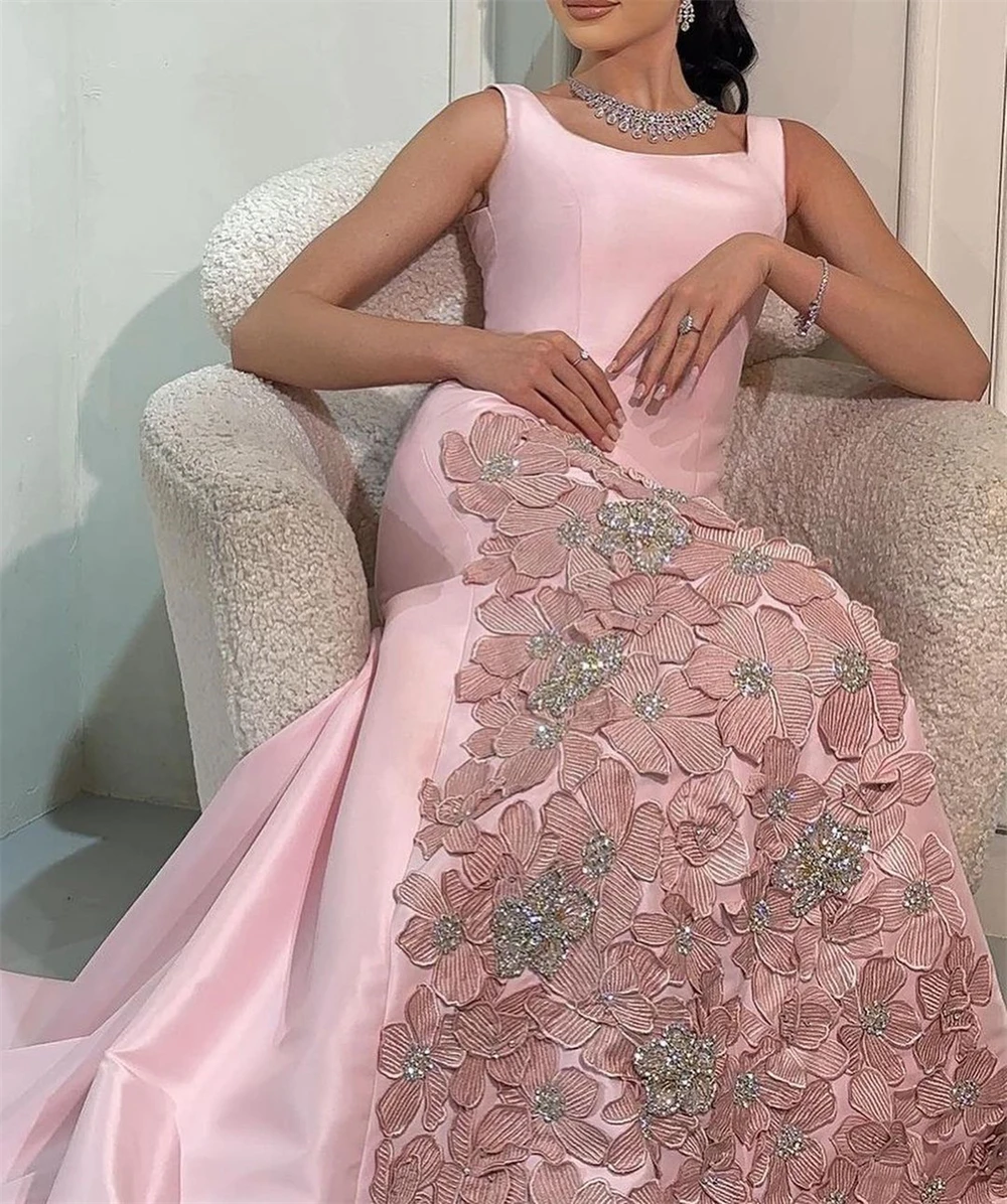 1 Scoop فساتين السهرة Neck Sheath Beads 3D Flowers Satin Formal Occasion Evening Gown Arab Saudi فستان حفلة موسيقية