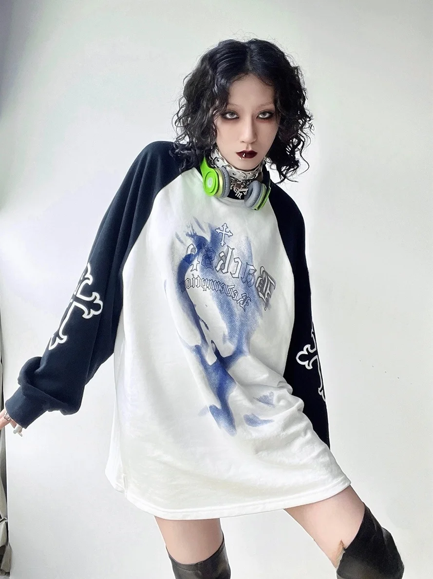 

Утягивающая свободная длинная толстовка с капюшоном в стиле панк Cross Color Blo, уличная круглая хлопковая толстовка Ne, топ Feel Driven Faion