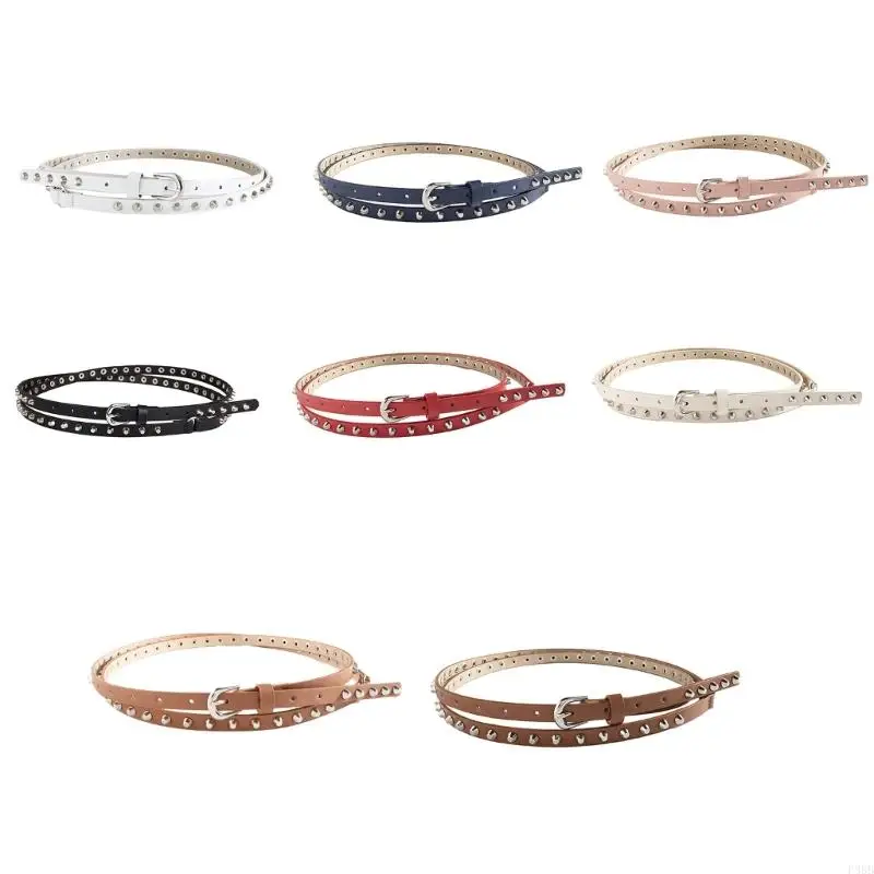 P88B Gothic Rivet Studded PU Waist Belt Woman Casual Waist Decor Dress Narrow Belts