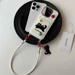 Three dimensional bead rainbow bean black cat card case with the same black cat phone strap For iPhone 11 12 13 14 15 pro max