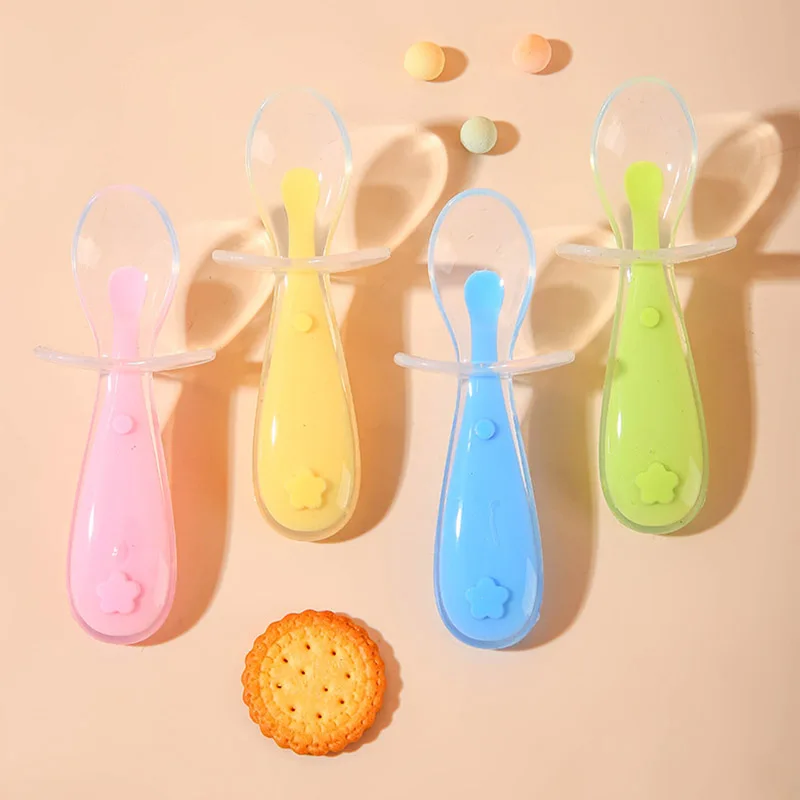 Babies Training Spoon With Suction Cup Children Tableware Infant Feeding Liquid Silicone Non-slip Baby Spoon Utensils